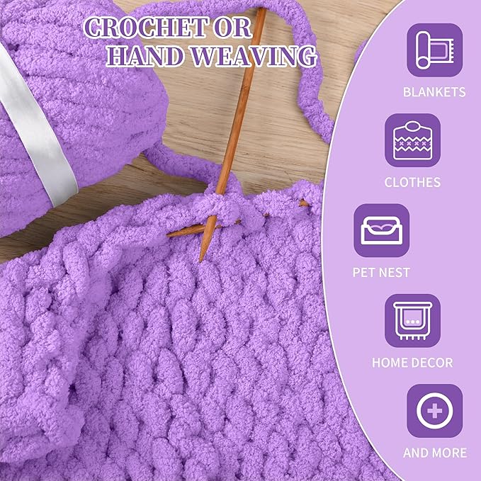 8 Packs Jumbo Chenille Chunky Yarn for Crocheting Knitting, Handcrafts & Blanket Yarn (Purple, 8 Pack)