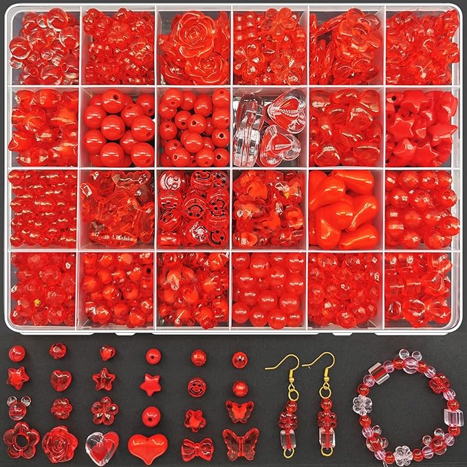 560Pcs Acrylic Red Beads Flower Heart Star Butterfly Pastel Beads Candy Color Assorted Beads Kawaii Bead Round Beads Plastic Beads Bulk for Bracelets Jewelry Making Necklaces DIY Crafts