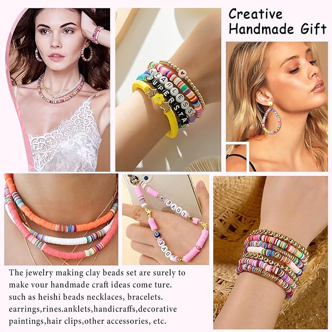 JMUQ 14 Strands Yellow Clay Beads Bracelet Making Kit, 5500 Flat Polymer Clay Heishi Beads for Friendship Bracelets Jewelry Making Kit with Letter Pearl Gold Spacer Beads for Women