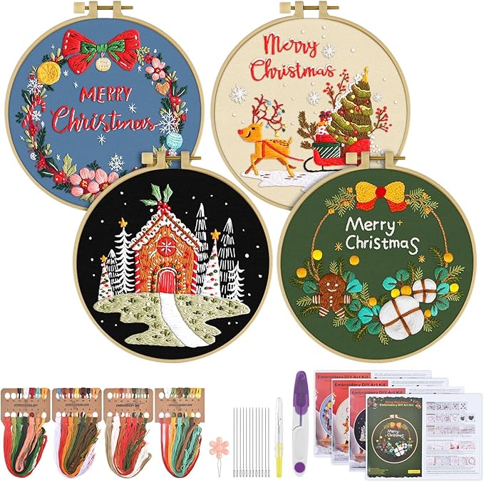 ERKOON 4 Sets Embroidery Kit for Beginners, Christmas Cross Stitch Set with Easy Pattern Embroidery Cloth Hoops Threads for Craft Lover Hand Stitch