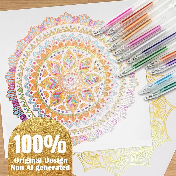 Mandala Adult Coloring Book for Women Relaxation, Gold Foil Mandala Coloring Book Set with 24 Colors Retractable Glitter Gel Pens, 12Pcs Premium Single-Sided Paper Mindfulness Gift Include Gift Bag