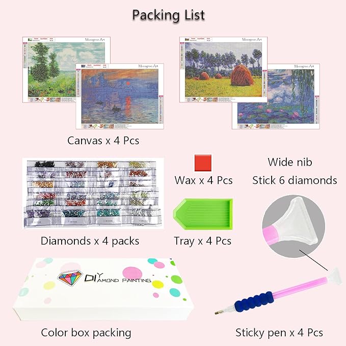 Muzagroo Art DIY Diamond Painting Kits for Adults, 5D Diamond Art Kits for Beginners Paint by Diamond, Monet Diamond Arts and Crafts for Living Room Bedroom 4 PCS Wall Art