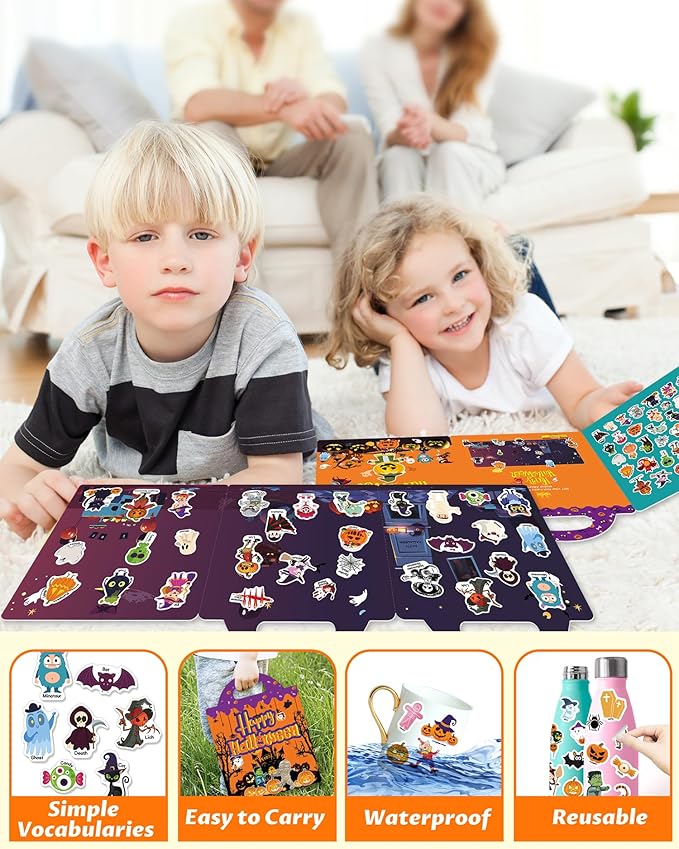 walenced reusable sticker book for toddlers, stickers for kids, toddler sticker book, toddler craft activities, toddler travel toys ages 3 and up boy girl birthday gifts - halloween