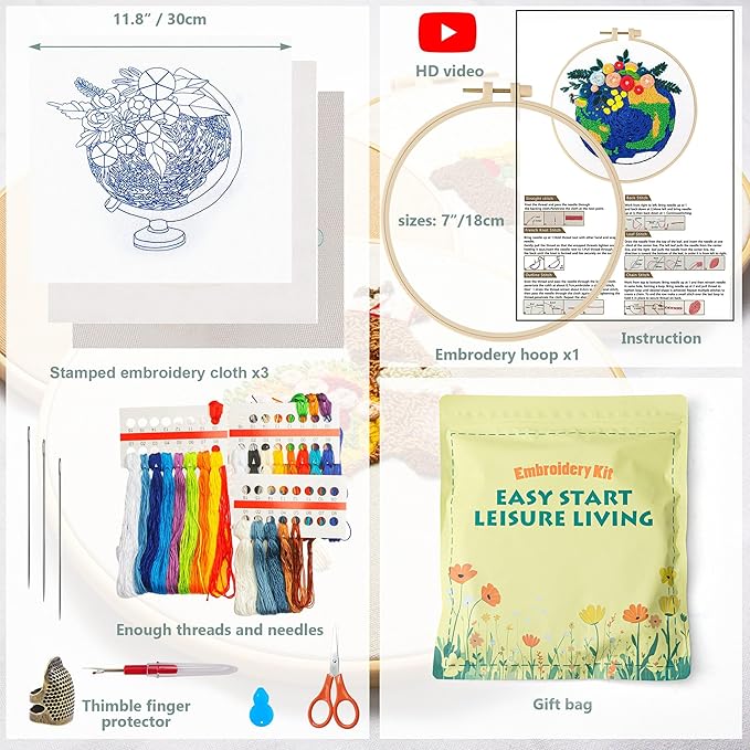 lx lermx embroidery kits for beginners, adult starter cross stitch kit needlepoint complete diy kit with unique patterns, hoop, colorful threads, tools, step by step instructions & video tutorial