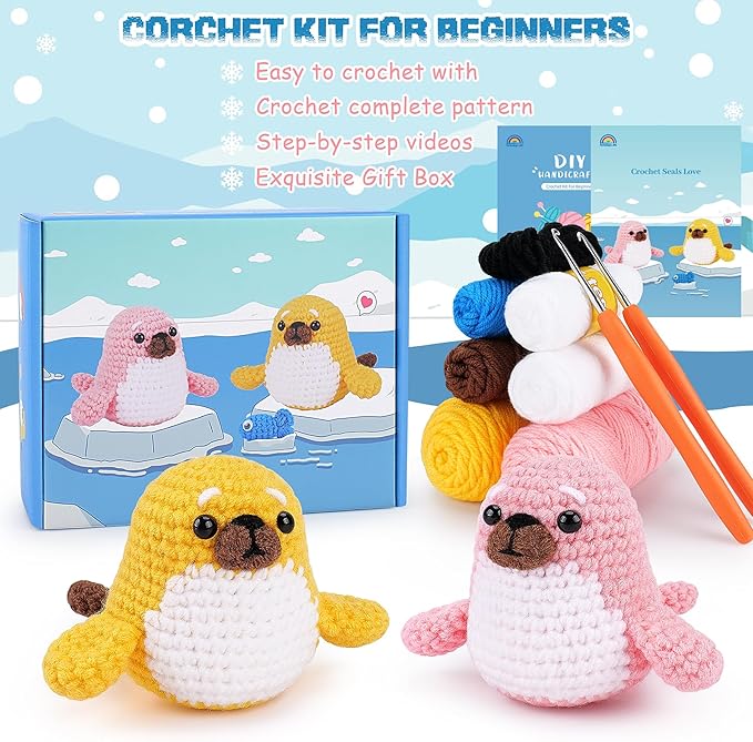 fortuning's jds crochet kit for beginners - seal crochet kits with step-by-step video tutorials, beginner crochet kit for adults, crochet animal kit, 2 pcs seals with a fish crocheting set