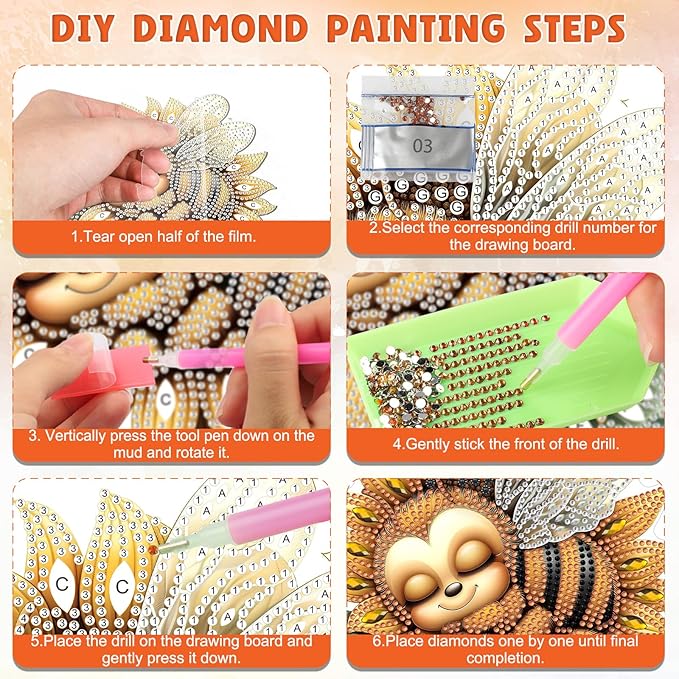 DOMROM Bee Diamond Art Hanging Kits for Adults Beginners, Special Shaped Crystal Diamond Painting Bee Pendant, DIY Diamond Art Suncatchers Animal for Home Garden Wall Decor Gift