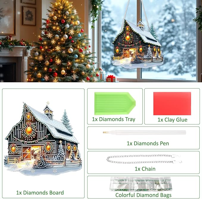 SENQAO Farmhouse Diamond Art Hanging Kits for Adults Kids, Christmas Diamond Art Suncatchers, 5D Special Shape Diamond Painting Pendant Window Ornament Gifts for Home Garden Door Wall Decor
