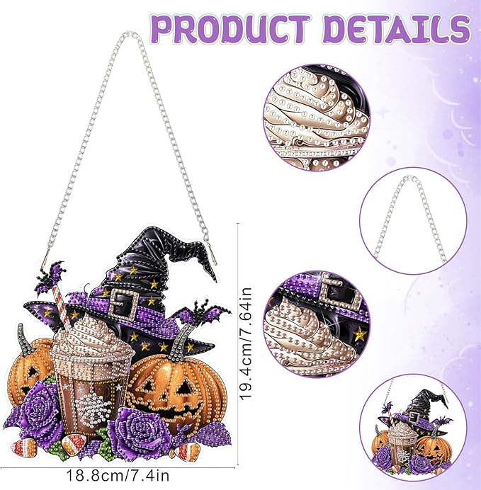 RICUVED Diamond Art Hanging Kit for Adult, Halloween Special Shaped Crystal Gem Craft Diamond Painting Pendant Kits for Adults Beginners, Pumpkin DIY Hanging Art Ornament Kit for Home Garden
