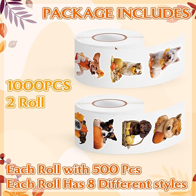 h1vojoxo autumn thanksgiving sticker rolls - 1000pcs fall dog dress up stickers in 2 rolls 16 designs autumn thanksgiving self-adhesive sticker for kids craft envelope dog lover holiday party supplies