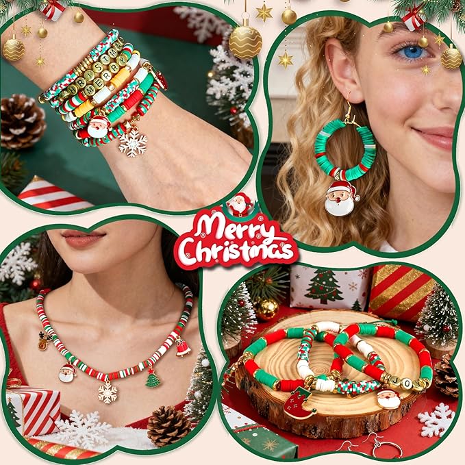 Redtwo Christmas Beads for Bracelets, 3000 Pcs Clay Beads Bracelat Making kit Golden Beads Christmas Crafts Decorations Charms for Jewelry Making, Gifts for Teen Girls Age 6-12