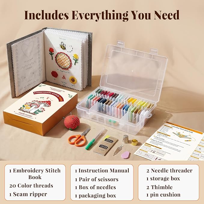 CYANFOUR 2026 New Embroidery Stitch Book Kit for Adults Beginners, Cross Stitch Kit with Step-by-Step Guide and Video, Pre-Printed Patterns, Threads and Needles, Portable Crafts Gift for Adults