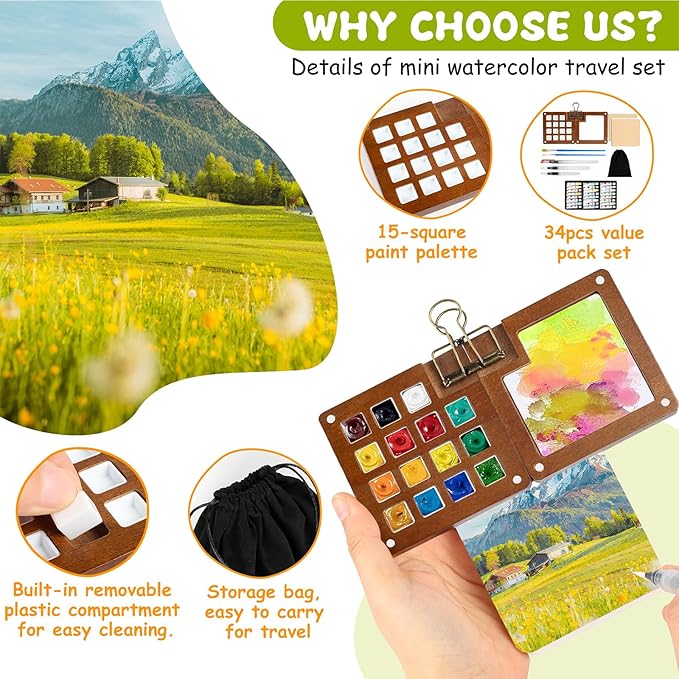 Mini Watercolor Paint Set, Pocket Watercolor Travel Set, Portable Travel Watercolor Palette Kit with Paint, Brush, Sketchbook, Copper Clip and Storage Bag for Beginners Artists Painting Enthusiasts