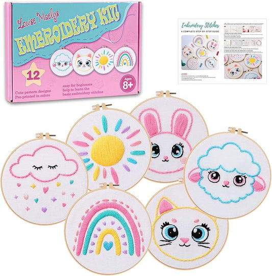 Louise Maelys 12 Pre-Stamped Embroidery Kits for Beginners, Kids Girls Cross Stitch Kit,DIY Needlepoint Craft Sewing Practice Supplies,Funny Cute Pattern,Perfect for Ages 8-12