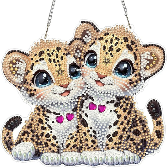 MXJSUA Two Leopard Diamond Art Hanging Kits for Adults Beginners, DIY Acrylic Special Shaped Crystal Diamond Gem Drills Pendant Art Painting Ornament for Home Wall Decor Gift 8x8 inch