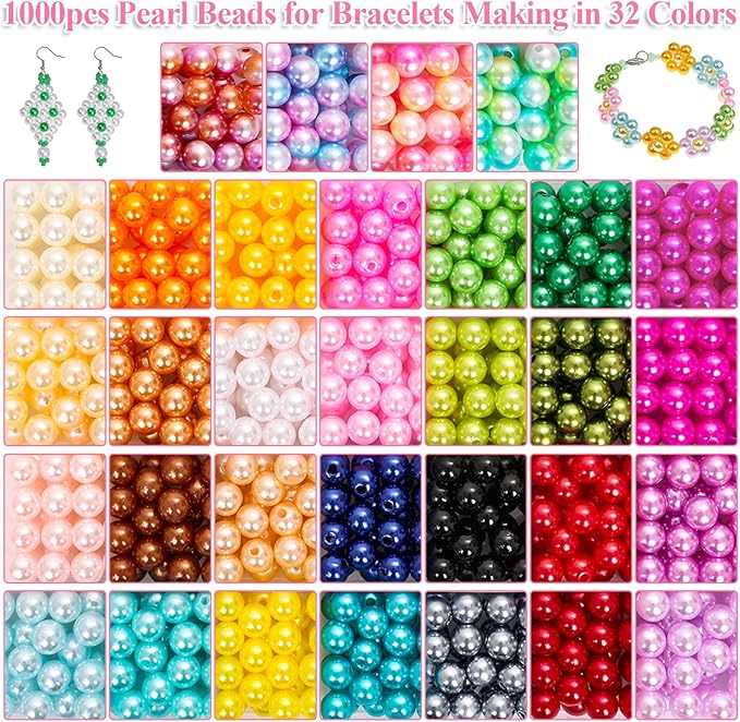 Jollidecor Pearl Beads for Jewelry Making, 8MM 32Colors Round Pearls with Holes, 1000Pcs Handcrafted Colorful Loose Spacer Small Filler DIY Craft Bracelet Necklace Earrings Making, 082
