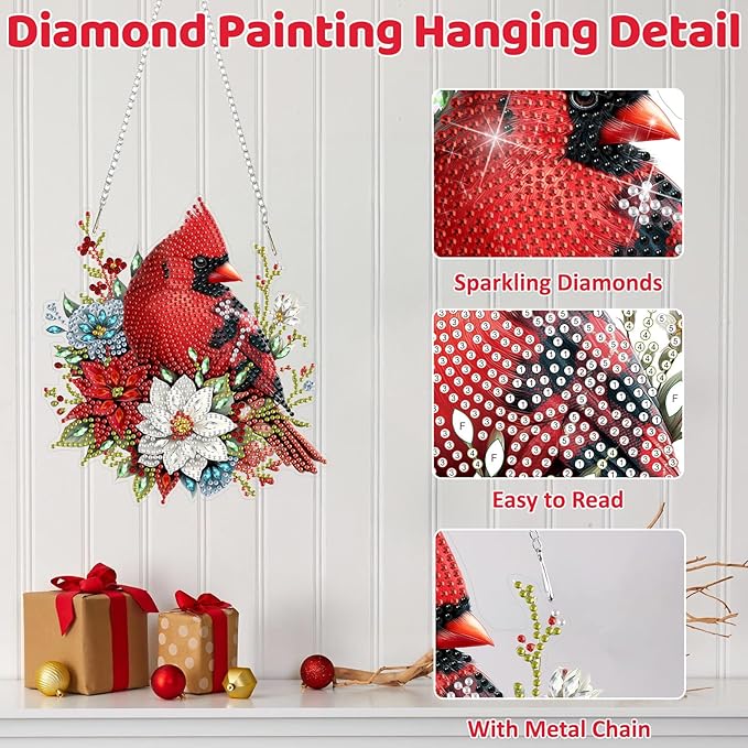 MEIYUDA Christmas Diamond Art Hanging Kits for Adult, Flowers Cardinal Diamond Painting Hanging Kits Ornaments, DIY Special Shaped Rhinestone Window Pendants kit for Home Garden Wall Decor Gift