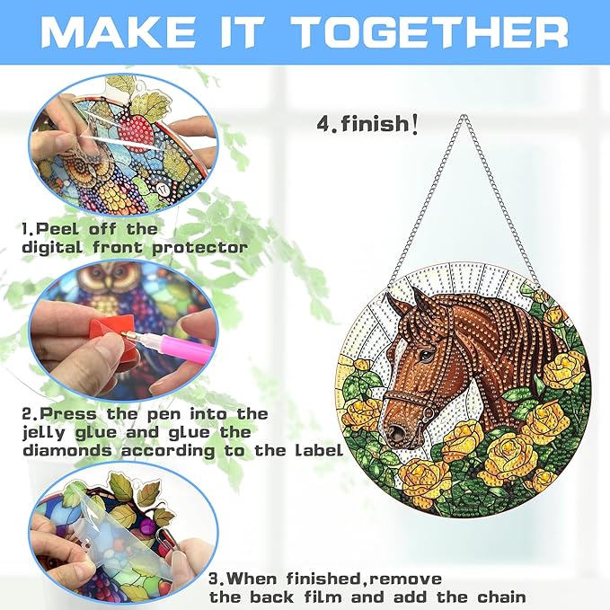 VAIIEYO Horse Diamond Art Hanging Ornament, Animal Diamond Painting Suncatchers Window Hanging Kit with Chain, 7.5x7.5 inch Crystal Pendant Art Craft for Gift Home Wall Front Door Decoration