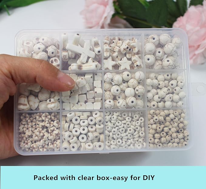 PAMIR TONG Turquoise Beads Sets for Bracelet 1183pcs Cross-Skull Head-Heishi Space Howlite Turquoise Rocks Stone Assortment Beads for DIY Crafts-Necklace-Charms- Jewerly Making (White Set)