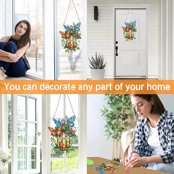Ginfonr Diamond Painting Kits Hanging Pendant, Butterfly Sun Catcher for Front Door Sign, Special Shaped Rhinestone Lamp Diamond Art, Double Sided Home Hanging Kits for Garden Wall Window (8x8inch)