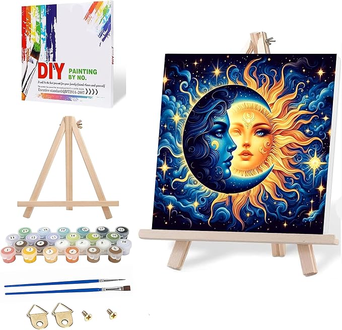 Axquilon Framed Paint by Numbers Kit for Adults-Sun and Moon Adult Paint by Number Kits with Easel, Easy Adults' Paint-by-Number Kits Oil Painting for Gift Home Wall Decor 8x8in