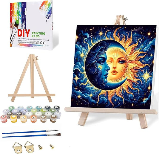 Axquilon Framed Paint by Numbers Kit for Adults-Sun and Moon Adult Paint by Number Kits with Easel, Easy Adults' Paint-by-Number Kits Oil Painting for Gift Home Wall Decor 8x8in