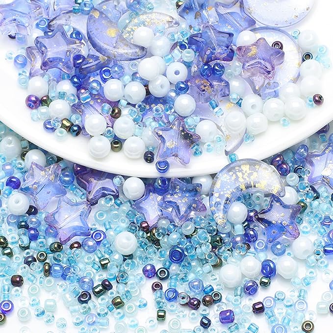 Mixed Star Moon Crystal Glass Beads Seedbeads Loose Round Pearl Beads for Jewelry Making Craft Bracelets Necklaces Earrings DIY Crafts Projects Blue Glass Spacer Bead Kits for Crafts