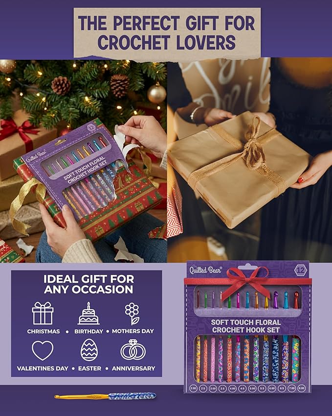 The Quilted Bear Safari Crochet Hook Set - 12 Ergonomic Soft Grip Crochet Hooks Set with Light Polymer Clay Handle for Comfortable Crocheting & Knitting (2mm-8mm)