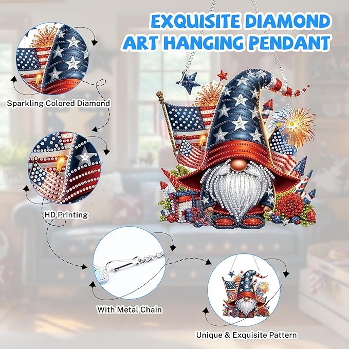 Bowetile Independence Day 5D Diamond Art Hanging Gnome Kits for Adults, 4th of July Fireworks Diamond Painting Window Pendant Kits, Special Shape Gem Art Suncatcher Ornament for Home Wall Decor