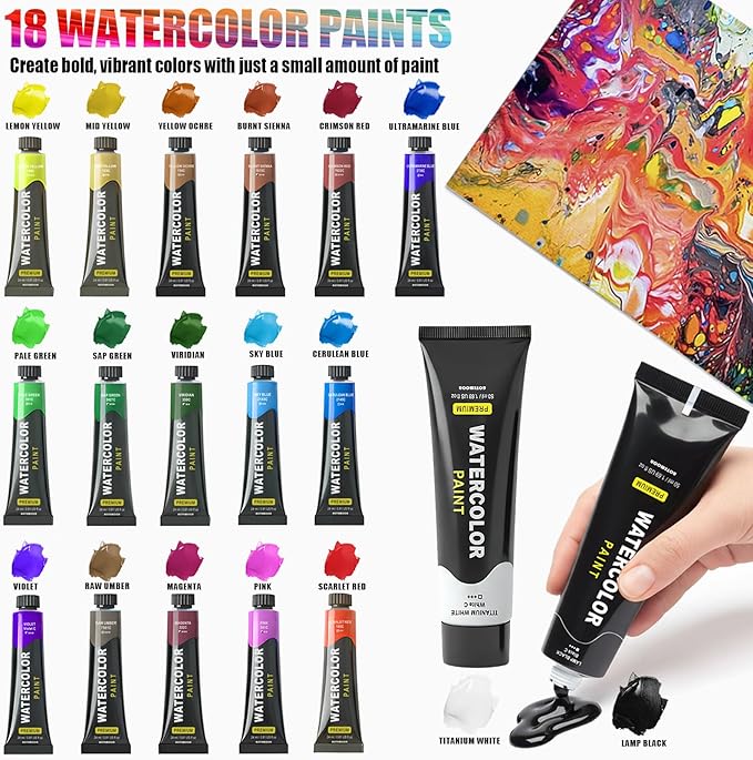 Watercolor Paint Set with 18 Vivid Jumbo Tubes (24ml&50ml), Complete Art Supplies with Guided Canvas Panels, Table Easel, Watercolor Papers, Brushes, Paint Kit for Students Beginners Young Artists