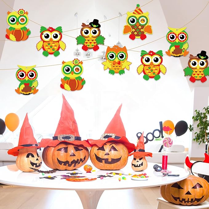 chiazllta 30 Packs Fall Craft Thanksgiving Owl DIY Art Craft with Fall Autumn Leaves Pumpkins Stickers Make Your Own Owl Set for Home Game Activities