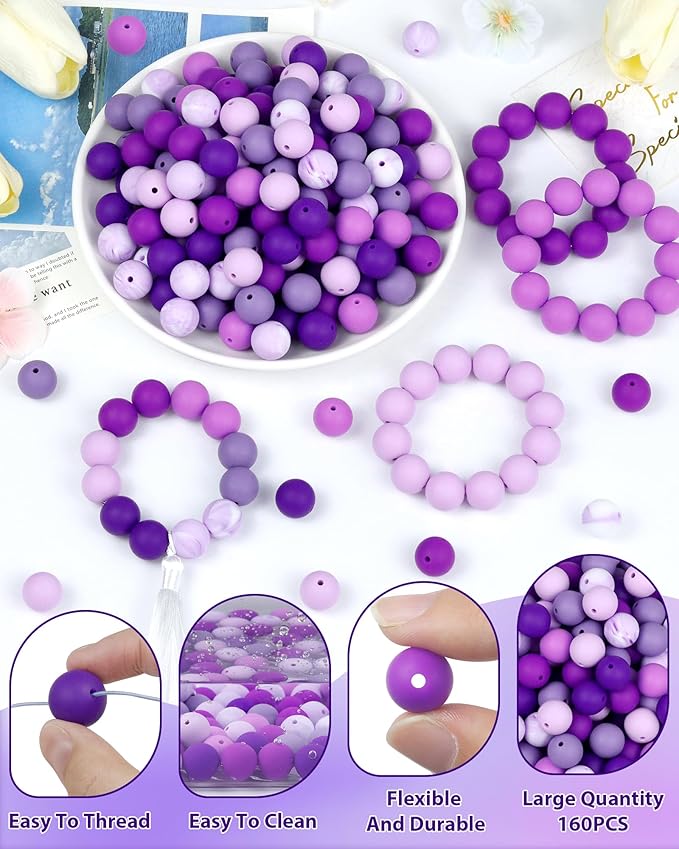 160pcs fiveizero 12mm silicone beads for keychain making, purple mixed 6 colors round silicone bead bulk for pens, rubber beads for bracelets and diy crafts