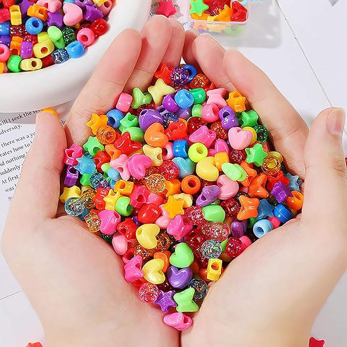 1000PCS Pony Assorted Beads for Bracelets,9mm Acrylic Beads Bulk with Cute Heart Star Butterfly Assorted Shaped for Braid Keychain Charms for Bracelet Necklace Jewelry Making Supplies