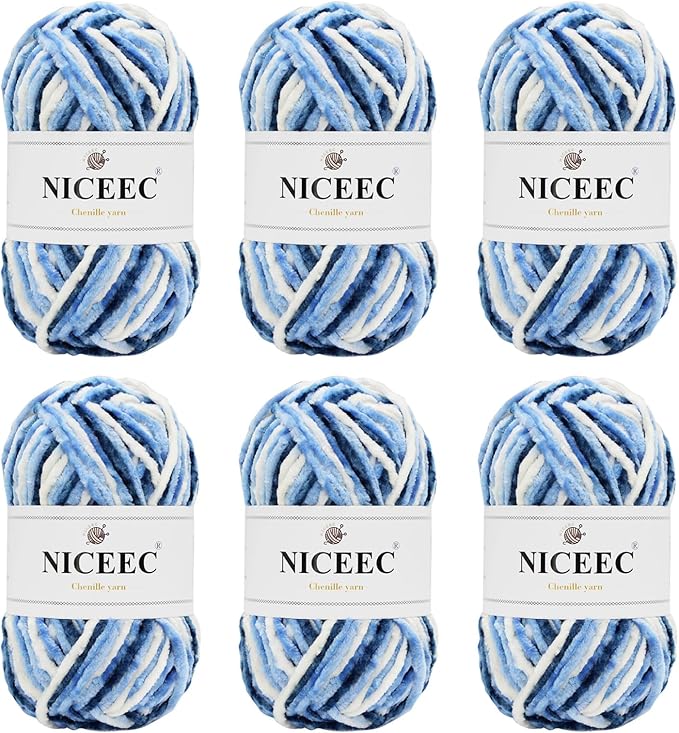 NICEEC 2 Skeins Soft Chenille Yarn Blanket Yarn for Knitting Fancy Yarn for Crochet Weaving DIY Craft Total Length 2×255m (2×279yds, 2×150g)_Blue White