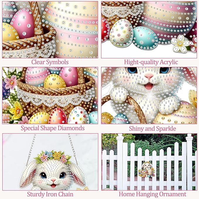 CEOVR Easter Hanging Diamond Art for Adults, Easter Bunny Egg Diamond Painting Pendant DIY Rabbit Gem Art Wall Hanging Ornament, Acrylic Home Garden Decor with Chain, Box Kit 9.58×8.73inch