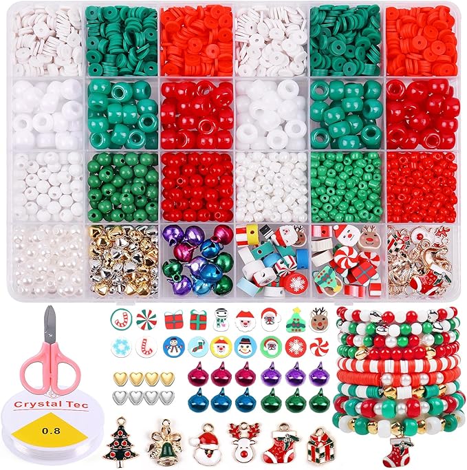 Wuollgess 2600 PCS Christmas Beads, Clay Beads Kit, Pony Beads and Glass Seed Beads for Jewelry Making, Bracelet Making Kit with Christmas Charms for Bracelets Gift Garland Decor