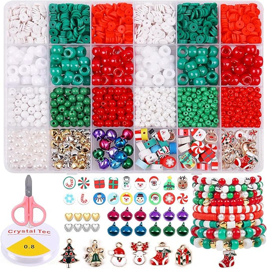 Wuollgess 2600 PCS Christmas Beads, Clay Beads Kit, Pony Beads and Glass Seed Beads for Jewelry Making, Bracelet Making Kit with Christmas Charms for Bracelets Gift Garland Decor