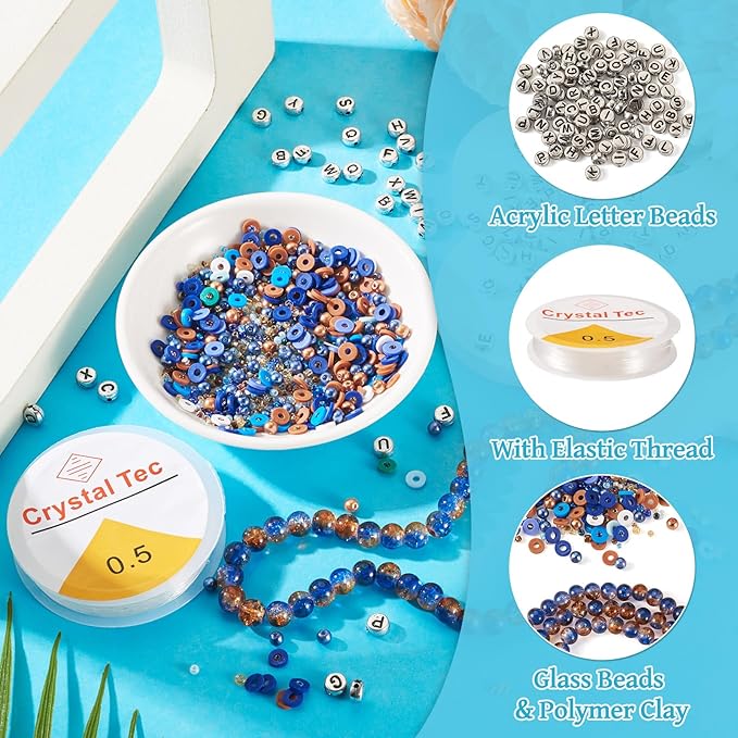 Spritewelry Friendship Bracelet Making Kit with Glass Seed Beads 8mm Blue Clay Beads Bracelet Making Kit for Adults Letter Bead for Jewelry Making DIY Crafts Gift Supplies 1 Bag