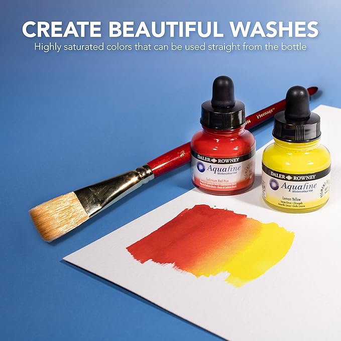 Daler-Rowney Aquafine Watercolor Ink 6-Color Intro Set with Marker - Versatile Liquid Watercolor Ink for Artists and Students - Use with Paint Brushes, Technical Pens, Airbrushes, and Paint Markers