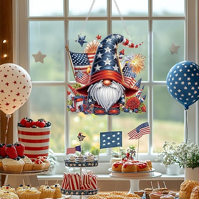 Bowetile Independence Day 5D Diamond Art Hanging Gnome Kits for Adults, 4th of July Fireworks Diamond Painting Window Pendant Kits, Special Shape Gem Art Suncatcher Ornament for Home Wall Decor