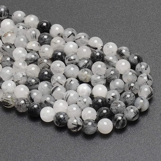 LPBeads 100pcs Polished 8mm Round Natural Black Rutilated Quartz Gemstone Loose Beads with Stretch Cord for Jewelry Making Bracelets
