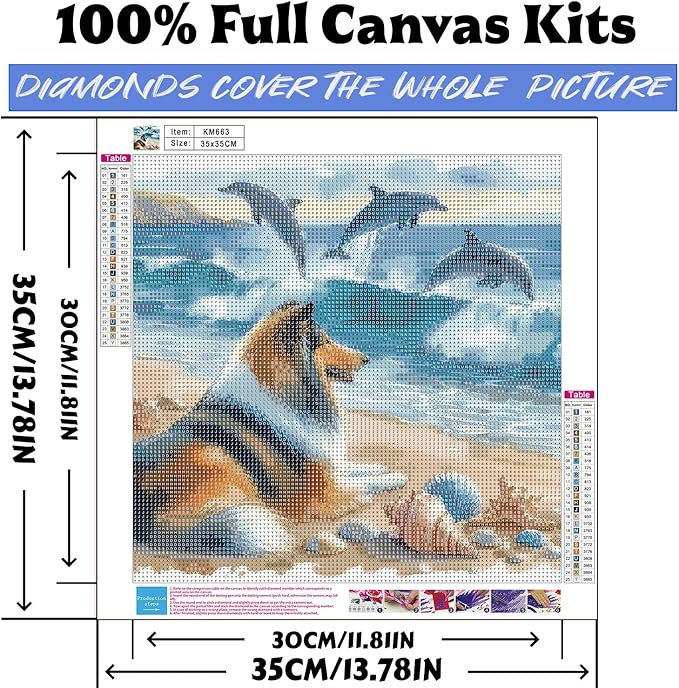 Diamond Art Kits for Adults Collie Dog, DIY 5D Diamond Painting Kit for Beginners Dolphin, Beach Full Round Drill Gem Art Dots for Adults, Diamond Dots Paintings Crafts Home Wall Decor 14X14 Inch