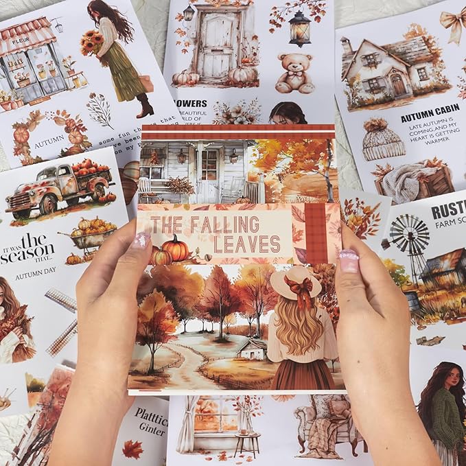 Cozy Autumn Journaling Sticker Book, 20 Sheets Pe-Cut PET, Washi Tape, and Craft Paper Stickers for Junk Journal Supplies, Aesthetic Fall Stickers for Bujo, Collage, Scrapbook Supplies