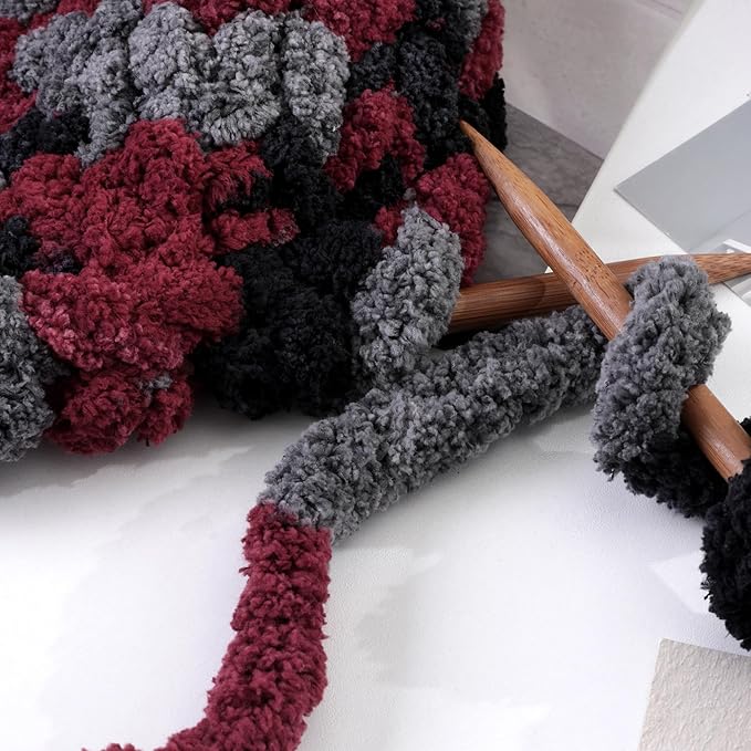 Maboozoo Tie Dye Chunky Yarn for Crocheting & Knitting - 8 Pack, Wine Red & Grey Fluffy Jumbo Chenille Yarn (26 yds, 7.5 oz Each Skein)