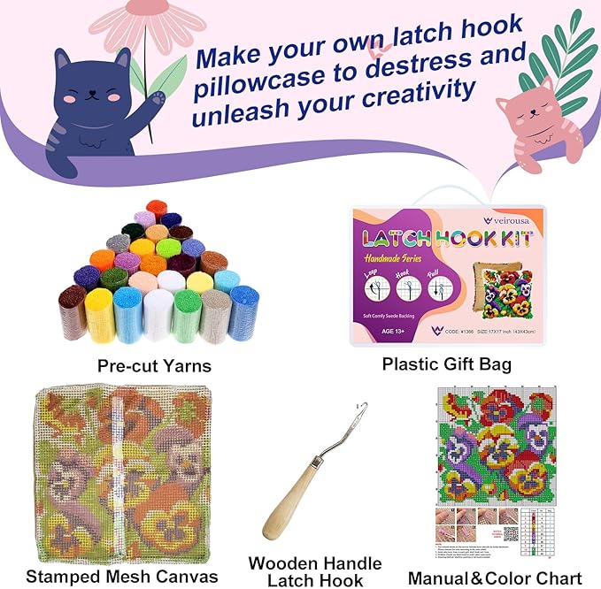 veirousa Blooming Pansies Flowers Latch Hook Kits for Adults Kids Beginners Latch Hook Pillow Kit Pre-Printed Latch Hook Rug Kits Cross-Stitch Embroidery Cushion for Home Sofa Decoration 17x17 in.