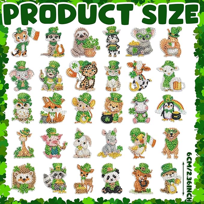 Xuhal 30 Pcs St Patrick's Day Diamond Painting Magnets Irish Animal Diamond Art Magnet Kits for Adults 5D Rhinestone Green Shamrocks Animal Refrigerator Magnetic Stickers for Fridge DIY Crafts Gifts