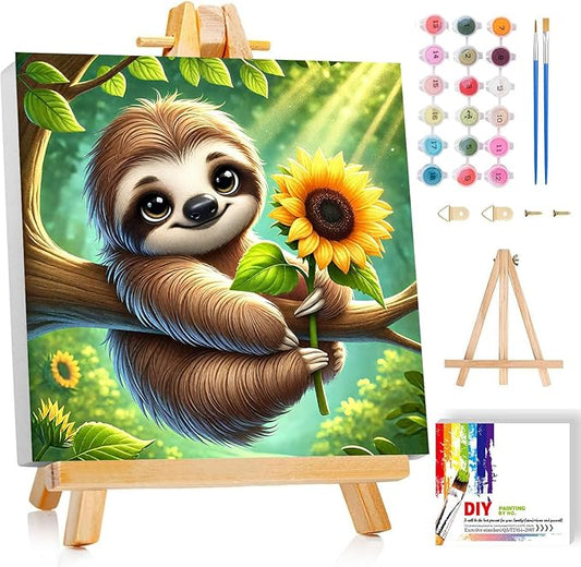 Gemozaic Sloth Paint by Numbers Kit for Kids with Frame and Easel, Paint by Numbers for Kids Ages 8-12, DIY Acrylic Oil Painting for Home Wall Decor, 8x8 Inch