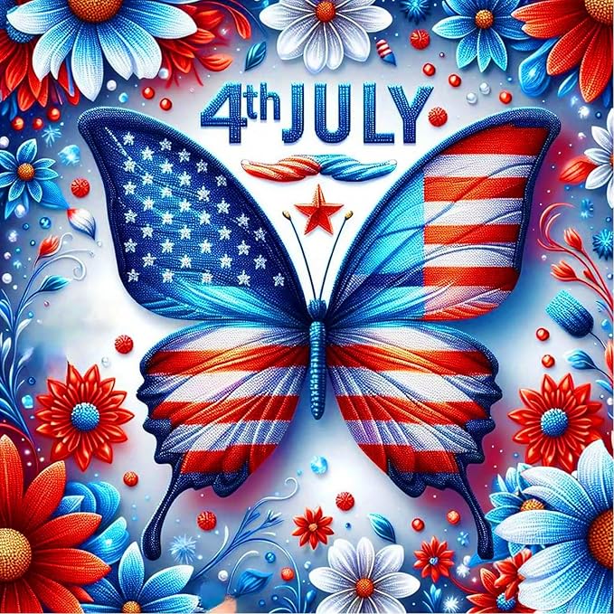 igoodom July 4th Diamond Art Kits for Adults, Independence Day Diamond Painting Kit, Full Drill Round Butterfly Diamond Art Kits, DIY Gem Art and Crafts for Home Wall Decor Gift 14x14inch