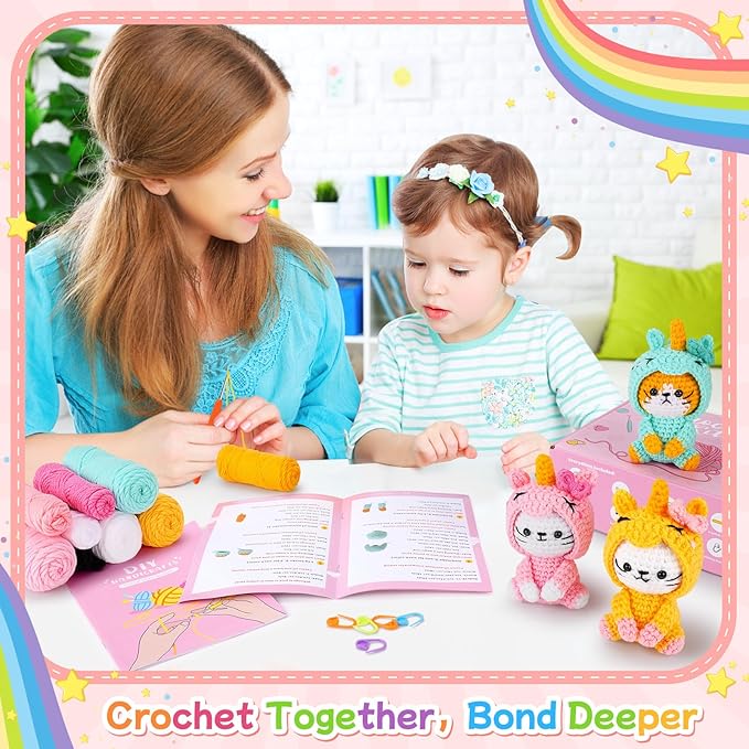 Crochet Kit for Beginners - 3 PCS Unicorn Cat Crochet Kits with Step-by-Step Video Tutorials, Beginner Crochet Kit for Adults, Crochet Animal Kit for Starters, Cat Dressed as Unicorn Set