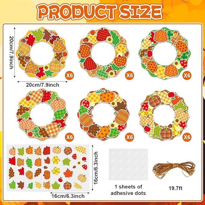 Lonfliness 36 Sets Fall Maple Leaves Pumpkin Wreath Craft Kits Autumn Checkered Polka Dot DIY Wreath Hanging Ornaments Thanksgiving Paper Art Craft for School Classroom Home Party Favors Activities