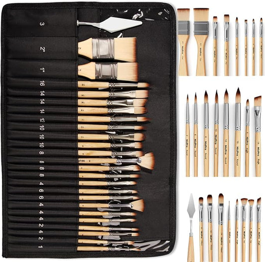 Nicpro 26pcs Paint Brush Set, Professional Paintbrushes with Palette Knife and Cloth Roll, Artist Paint Brushes for Acrylic Painting, Oil, Watercolor & Gouache, Adults Art Painting Tools Supplies